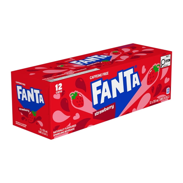 Fanta Fraise Lot de 12 Canettes de 355 ml dans une Boîte Rouge avec le logo Fanta Bleu et Blanc, des illustrations de Fraises et une Étiquette Sans Caféine, soda aux Fruits Pétillant à Saveur Naturelle dans un Multipaquet Pratique.