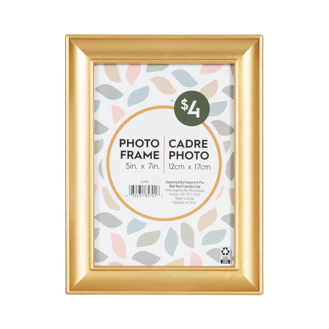 DesignOvation Nikolai 5x7 Gold Picture Frame with a smooth curved gold finish, holding a 5 by 7 inch (12 by 17 cm) placeholder photo. It features an easel for tabletop display and wall hangers for vertical or horizontal mounting, suitable for home or office photo display.