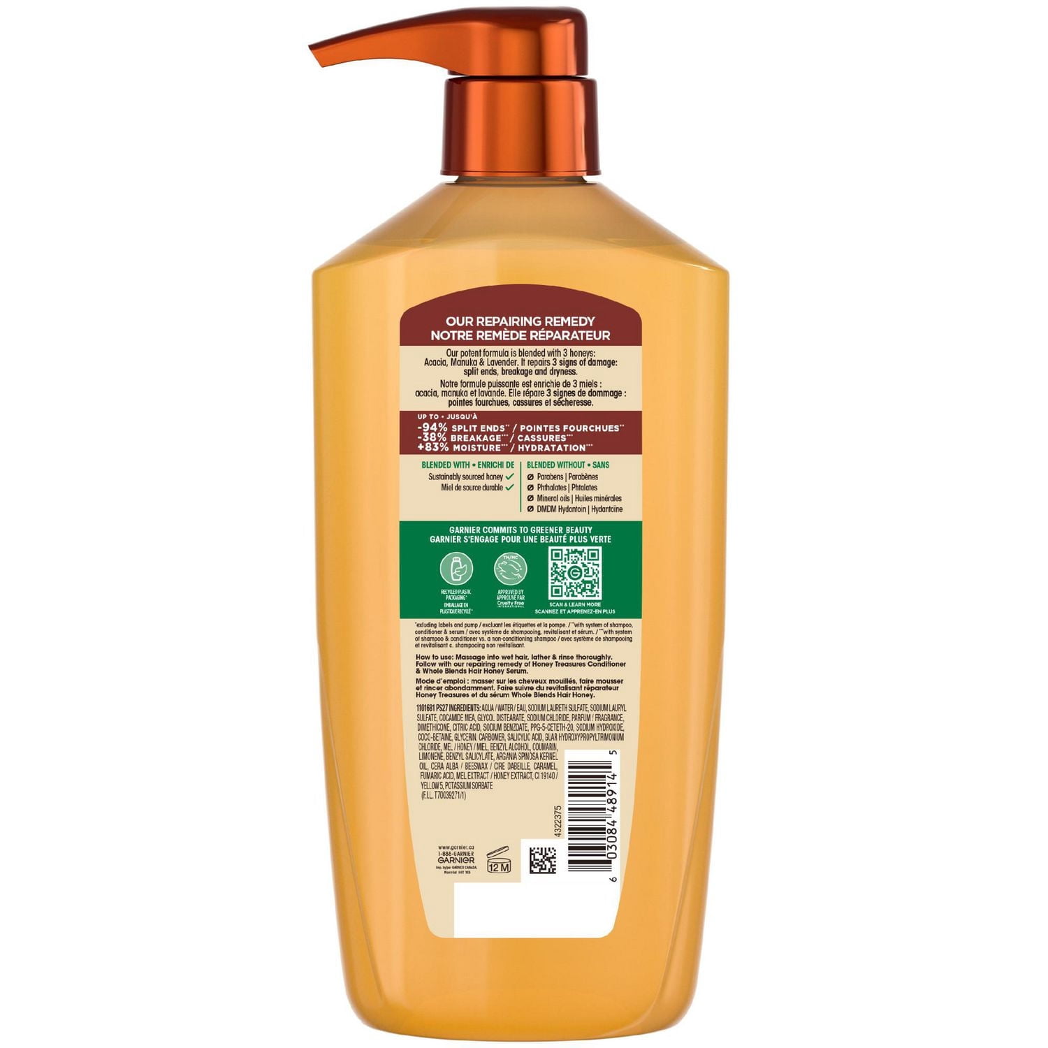 Garnier Whole Blends Trésors de Miel Shampooing Réparateur pour Cheveux Abîmés et Secs