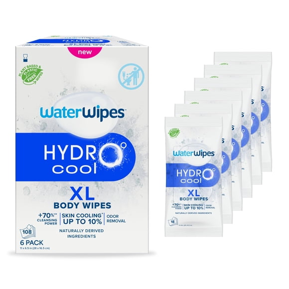 WaterWipes HydroCool Cooling Wipes, XL Body Cleaning Wipe, Stay Fresh & Cool On-the-Go Instant Skin Cooling, Odor & Sweat Removal, Ideal fo