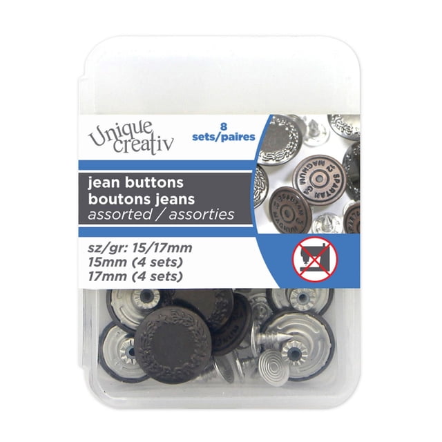 UNIQUE CREATIV Boutons de Jean Assortis Sans Couture Gros Plan, Vue Centrée de Huit Ensembles de Boutons de Jean en Acier Inoxydable Sans Couture sur une Nuance de denim. Contient Quatre Pointes de 15 mm (0,59 Po) et Quatre Têtes de Boutons de 17 mm (0,67 Po) Serties de Marteaux dans des Finis Assortis, Prêts pour l'Installation du Marteau; Souvent Utilisé pour la Réparation du denim, le Remplacement Rapide des Boutons Ou la Fixation à Fort Travail.