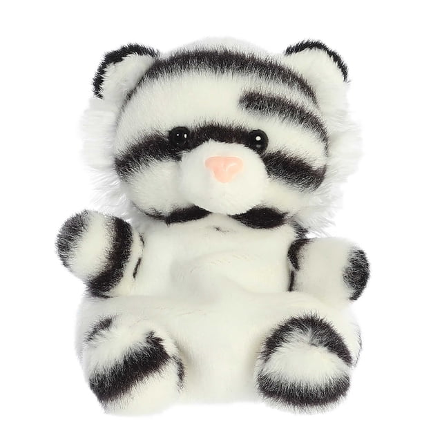 Aurora Palm Pals - Kira White Tiger 5-inch plush toy featuring a soft, fluffy texture with black stripes on a white body. This adorable stuffed animal has a pink nose, black eyes, and bean pellets for added stability. Suitable for all ages, it is crafted from high-quality materials for a cuddly and durable design.