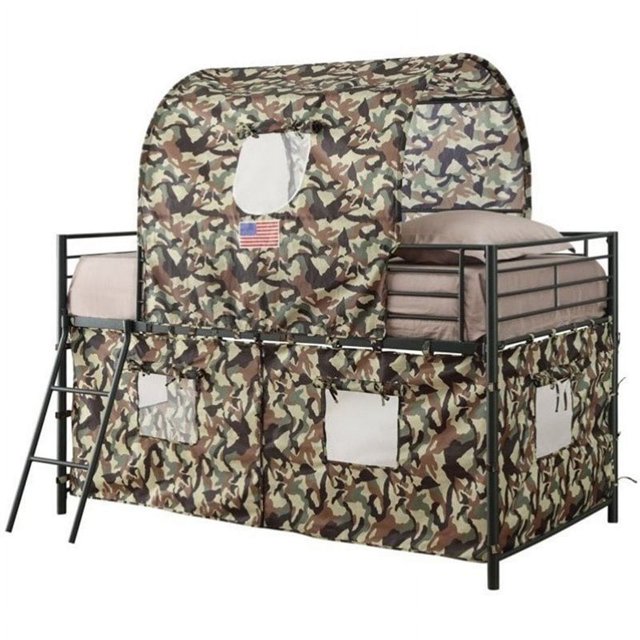 Lit Mezzanine Moderne en Métal Camouflage avec Housse de Tente Vert Armée
