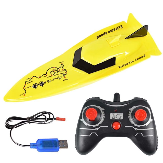 RC Boat Simulated Remote Control 2.4GHz High Speed Racing Boat Pool Toy for Kids in a bright yellow finish with black detailing. The package includes a black remote control with red joysticks, a USB charging cable, and an instruction manual. The boat measures 29.5 x 11 x 8.5 cm and offers features like forward, backward, left and right turns, and high-speed operation. Designed for pools and small water areas, it runs on a 2.4GHz frequency with a speed of 10 km/h and a remote control range of 20-30 meters. Powered by a built-in 3.7V 500mAh battery, the remote requires 2 AA batteries (not included).