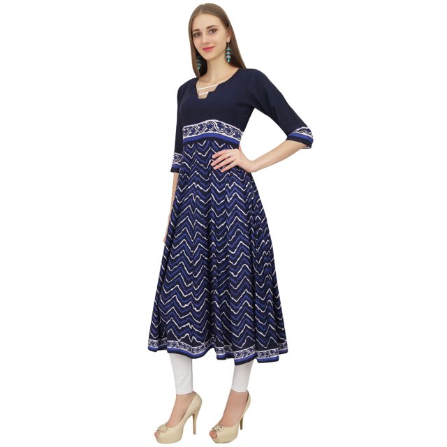 Bimba Kurta Trapèze pour Femme, Kurti Bleue de Designer, Blouse-Robe Longue Évasée Ethnique - 12