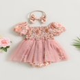 thumbnail image 4 of Baby Romper Dress Flower Print Boat Neck Short Puff Sleeve Jumpsuits, 4 of 8