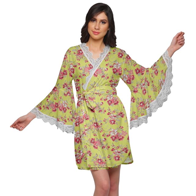 Moomaya Printed Bathrobe For Girls Bell Sleeves Robe For Women Crossover Robes