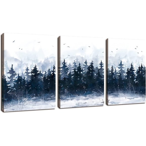 Indigo Forest Wall Art Foggy Landscape Canvas Prints Snow Woods Canvas Pictures Misty Pine Trees Canvas Painting Artwork for Living Room Bedroom Bathroom Office Wall Decor Framed 12x16 X 3Pcs