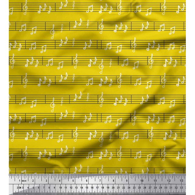 Soimoi Yellow Cotton Duck Fabric Notes Musical Instrument Decor Fabric Printed Yard 56 Inch Wide