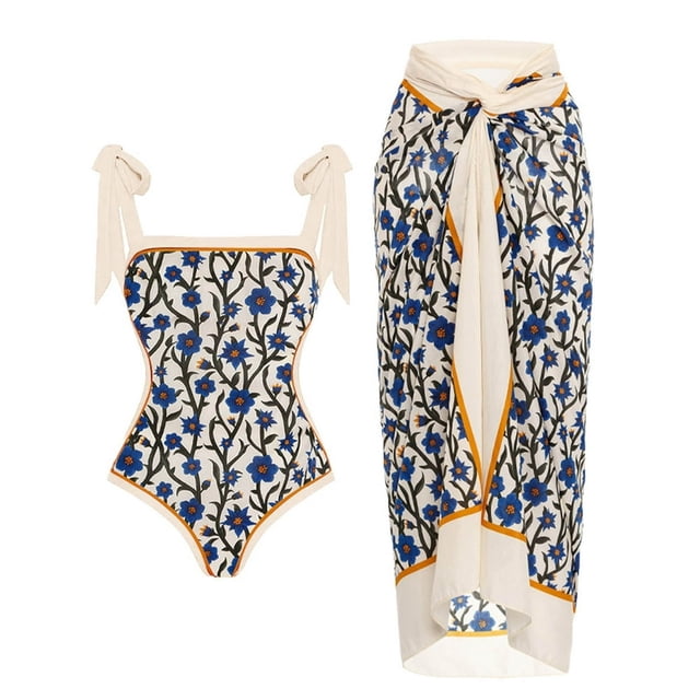 Maillot de Bain une Pièce pour Femmes avec Jupe de Plage Paréo Imprimé Floral Rétro Ensemble Bikini Deux Pièces