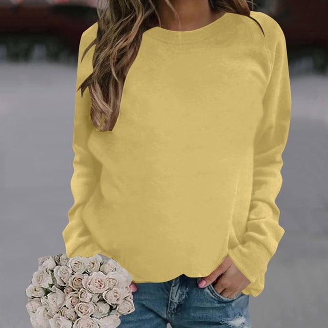 Meichang Sweatshirt for Women Long Sleeve Round Neck Lounge Pullover Basic Solid Color Sweat Shirts Lightweight Fall Pullover