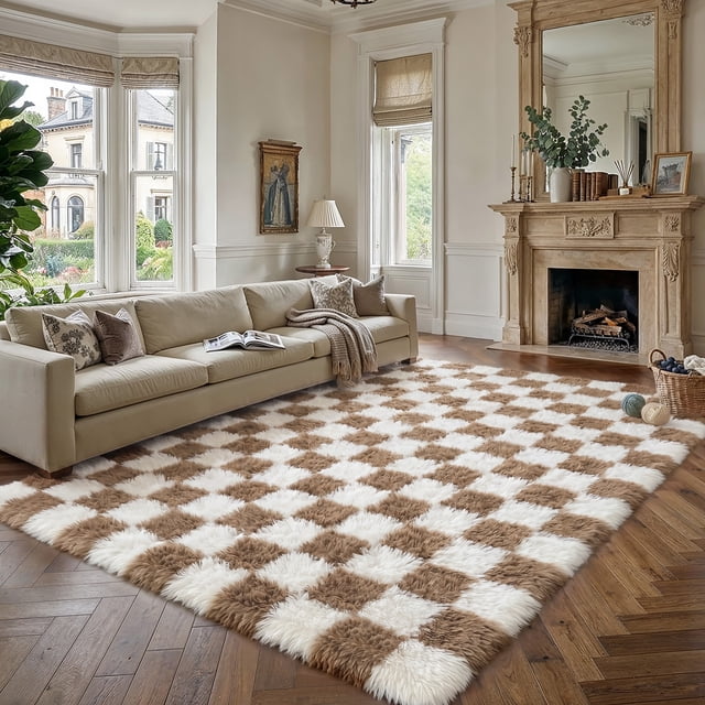BERTHMEER 8'x10' Shag Area Rugs for Living Room Bedroom Geometric Fluffy Rugs Checkered Contemporary Plush Rugs Washable Carpets Tapis, Brown White