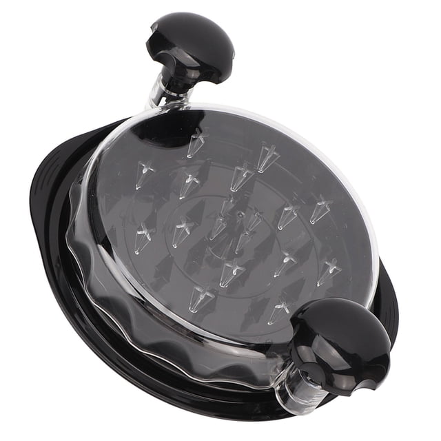 Meat Shredder, Non Slip Mat Detachable Plate Chicken Shredder Machine with Two Handles for Home. The black plastic chicken shredder features a transparent detachable plate with grinding spikes for efficient meat shredding. It includes two ergonomic handles and a visible lid for monitoring the shredding process. Approximate dimensions are 25x25x8.5cm (9.8x9.8x3.3in) after assembly.
