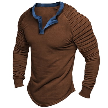 Lovzfmll T-Shirt Henley à Manches Longues pour Homme, Couche de Base Uni à Boutons, Haut à Col Ras du Cou avec Patte pour Style Décontracté Brun, 2TG