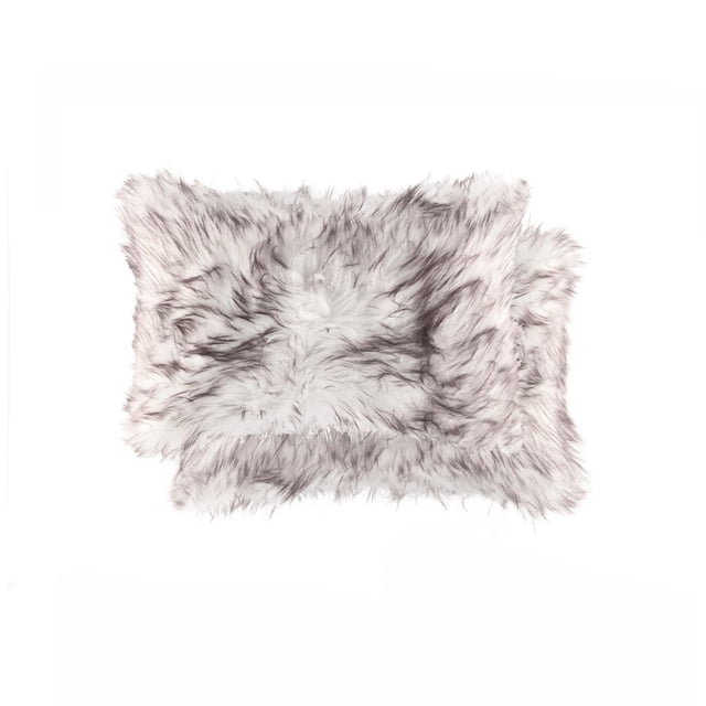BELTON FAUX FUR PILLOW 12"X20" 2-PACK featuring two rectangular pillows with double-sided, lush acrylic plush faux fur in white and grey tones, filled with polyfil for softness and durability, ideal for layering on sofas or beds and adding cozy texture to home décor.