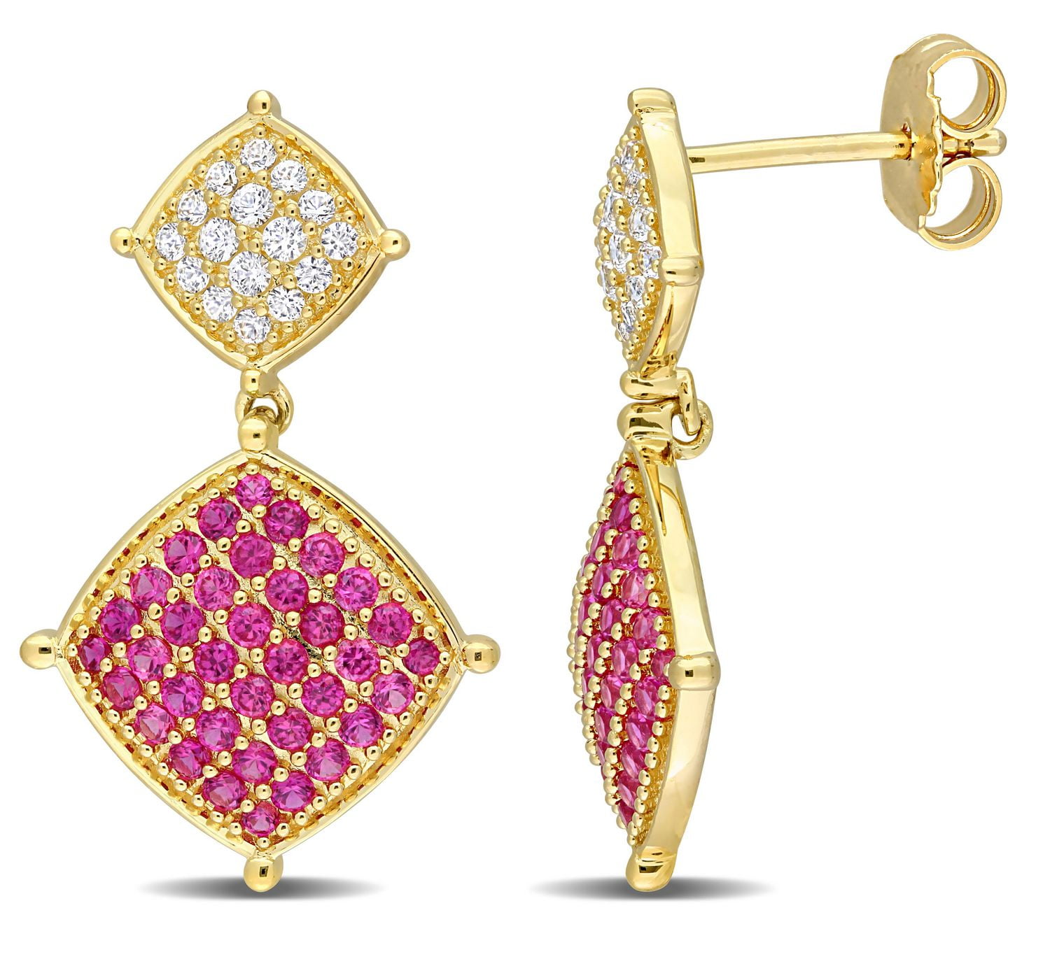 Boucles d'oreilles en forme de losange Miabella avec 1-3/4 Carat PBT de Rubis et Saphir Blanc Synthétique en Argent Sterling Plaqué Jaune