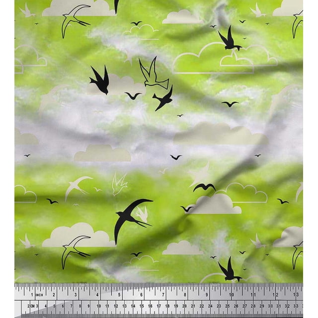 Soimoi Rayon Fabric Clouds & Flying Swift Bird Printed Fabric 1 Yard 56 Inch Wide
