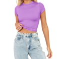 thumbnail image 2 of JIRNDf Hauts pour Femmes T-Shirts d'Été Tendance Mode Manches Courtes Mignon Court Basique Col Rond Coupe Ajustée Blouse pour Femmes Tunique Décontractée Hauts Violet P, 2 of 5