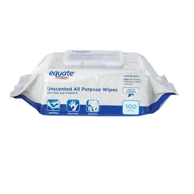 Equate Unscented All Purpose Wipes pack containing 100 hypoallergenic wipes with aloe and vitamin E, free of alcohol, parabens, phthalates, dye, and chlorine, moistened with an unscented cleaning solution suitable for hands, face, and hard surfaces for babies and adults.