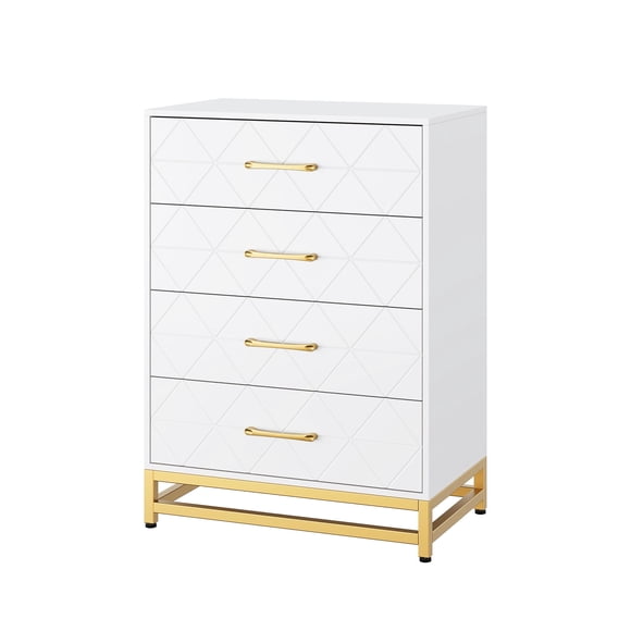 YUSAZENS Armoire de Rangement, Coffre à Motif Triangulaire à 4 Tiroirs - MDF + PB + Fer, Blanc, Rangement Compact pour Chambre, Salon Ou Bureau