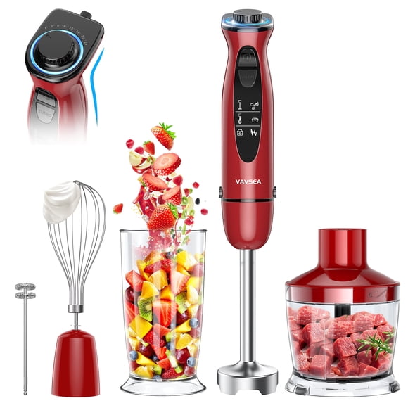 VAVSEA Mélangeur à Main à Immersion 5-en-1 1100 W, Mélangeur à Bâton 12 Vitesses avec Bécher de Mélange (22 Oz) en Acier Inoxydable avec Bol Hachoir, Mousseur à Lait, Fouet à Oeufs, Bécher 600 ml, Neuf