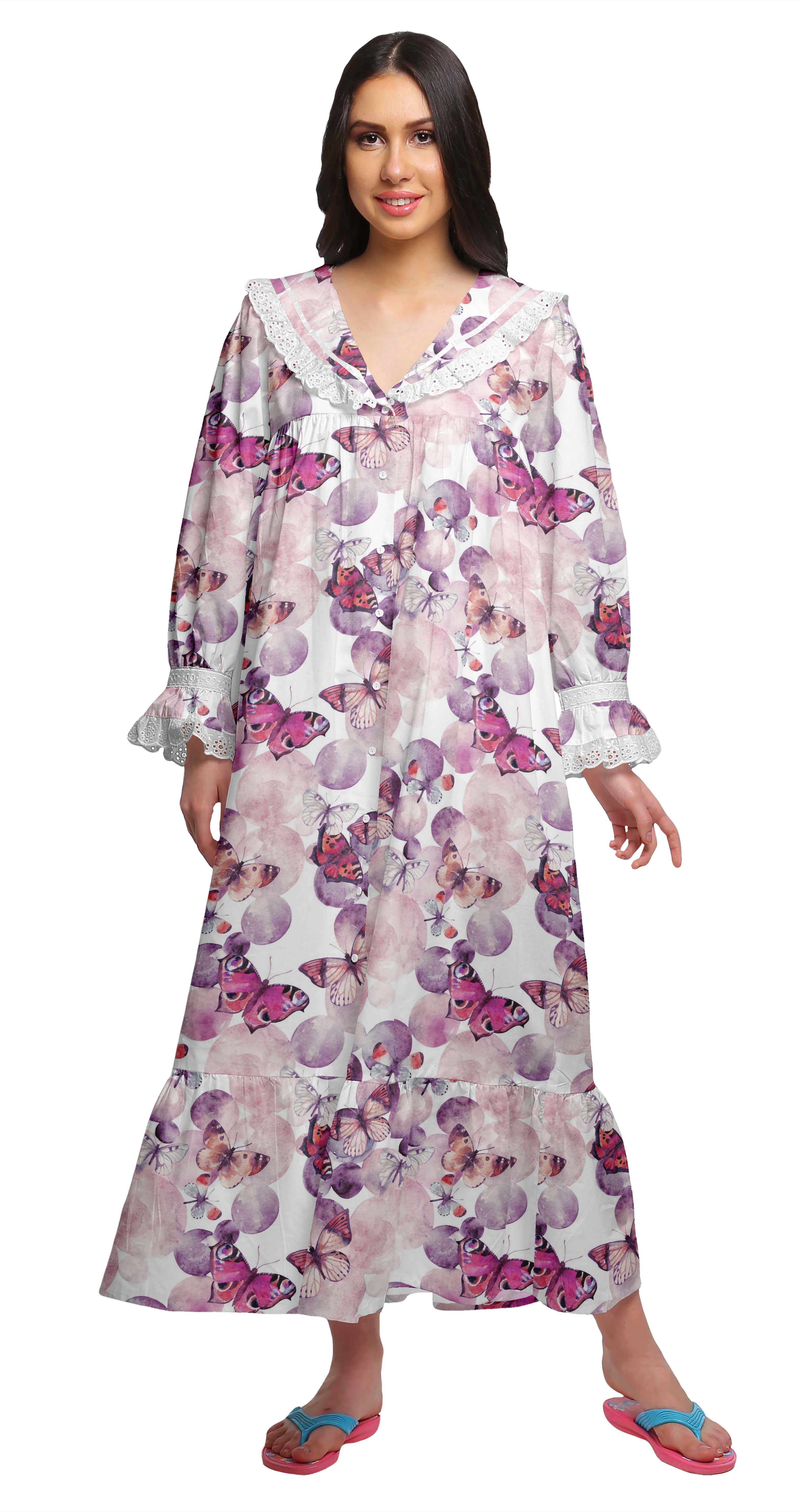 Moomaya Printed V-Neck Sleepwear Cotton Ruffled Border WoMen's Maxi Nightdress