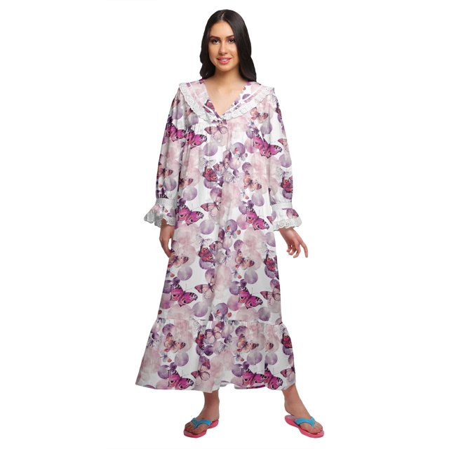 Moomaya Printed Nightdress For Ladies Cotton Ruffled Border Nursing Nightwear