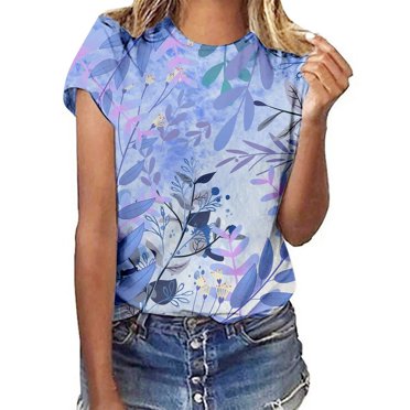 LUOGENLI T-shirts pour Femmes à Imprimé Floral Col Rond Manches Courtes t-Shirt pour Femmes Printemps Été Haut Décontracté 4xlt T-shirts Graphiques pour Femmes Saint-Valentin Violet G