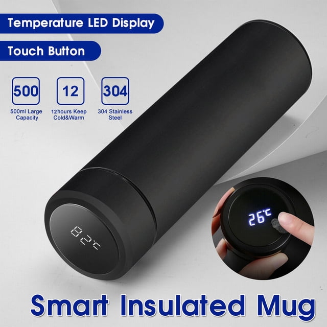 Agiferg Stainless Steel Vacuum Flask Smart Kettle with LCD screen display for temperature. Features a sleek black cylindrical design with a 500ml capacity, 304 stainless steel construction, and a touch-sensitive LED screen for real-time temperature readings. Offers 12-hour insulation for hot or cold liquids. Suitable for travel, outdoor activities, office, and fitness use.