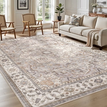 UERMEI 9'x12' Washable Area Rugs for Living Room, Vintage Floral Boho Printed Carpet, Non Slip Indoor Large Rugs for Bedroom Home Decor Carpets, Beige Grey