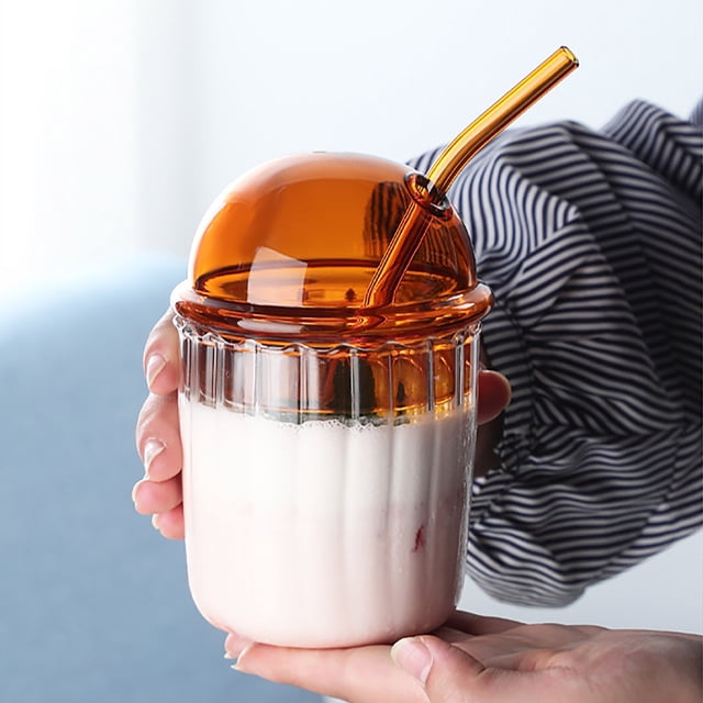 Drinking Glasses Dome Lid Cups, Wide Mouth Milkshake Cups, Reusable Glass Coffee Iced Cups 15oz, for Home Office Bar, Stackable Design, Durable Glass Material, Serving & Drinking Hzhnb On demand