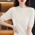 thumbnail image 4 of AherBiu Hauts d'Été pour Femmes Col Rond Manches Mi-Longues Chemises Unies Décontractées Coupe Ample T-Shirts Basiques Blouses, 4 of 4