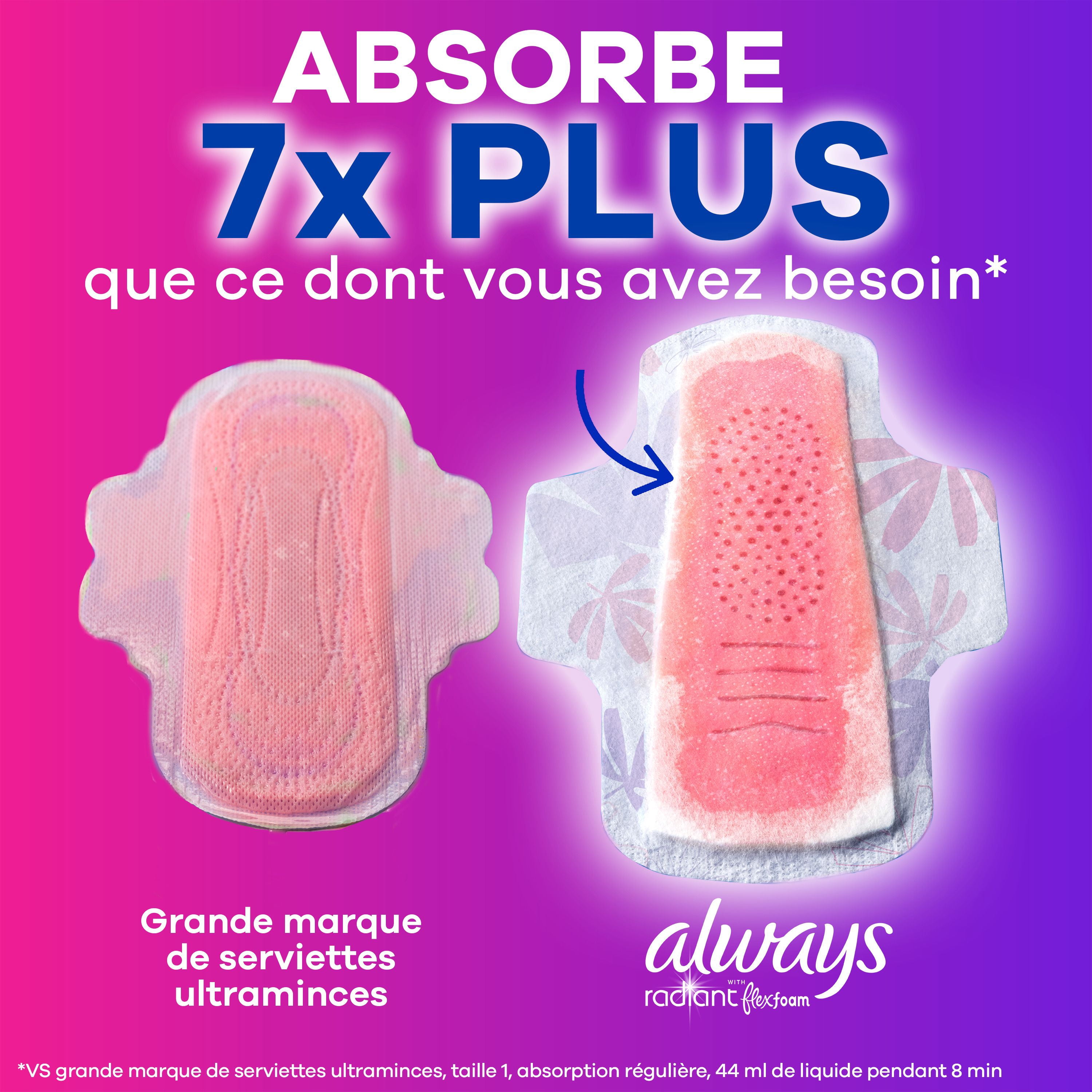 Serviettes Always Radiant Avec Flexfoam, Taille 2, Forte, Avec Ailes, Parfum Légèrement Frais, 26 Unités