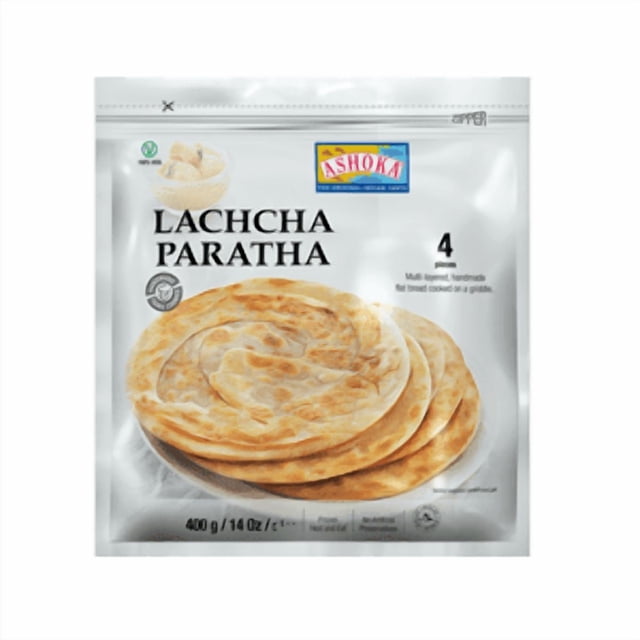 Ashoka Paratha Lachcha Surgelé 400 g, Emballage Montrant Quatre Pains Plats Indiens Ronds, à Plusieurs Couches, Brun Doré, Empilés sur une Assiette, Conçu pour la Boulangerie Surgelée et la Cuisson Rapide sur Plaque.