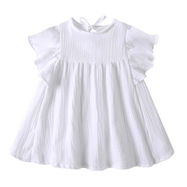 Bwiyojiz Tailles Mode 90-130 Robe à Manches Courtes à Col Rond 60%Coton,40%Lin Petites et Moyennes Filles Été Décontracté Mignon Lin à Manches Conviennent pour 12 Mois à 7 Ans, 6, Blanc