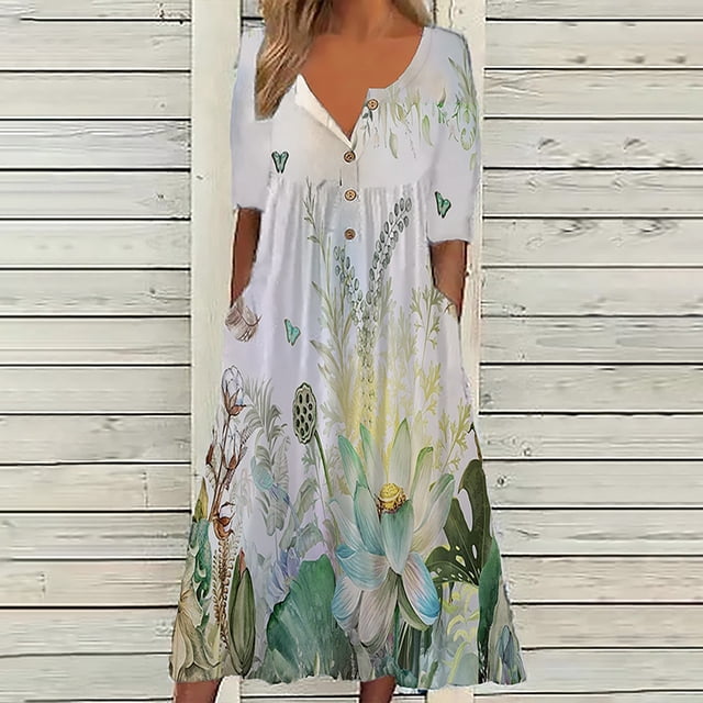 SMihono Robe d'Été pour Femmes Grande Taille Mode Femmes Été Imprimé Décontracté Col en V Bouton Manches Courtes Vacances Poches Robe