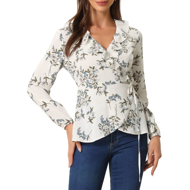 INSPIRE CHIC Blouse à Volants pour Femme à Col en V, Fleurie, à Nouer Soi-Même, Portefeuille, Haut Péplum, TP, Blanc