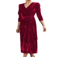 thumbnail image 3 of Women Velvet Midi Bodycon Dress Solid Color V-Neck Tie-Up Long Sleeve Dress Evening Party Dress, 3 of 5