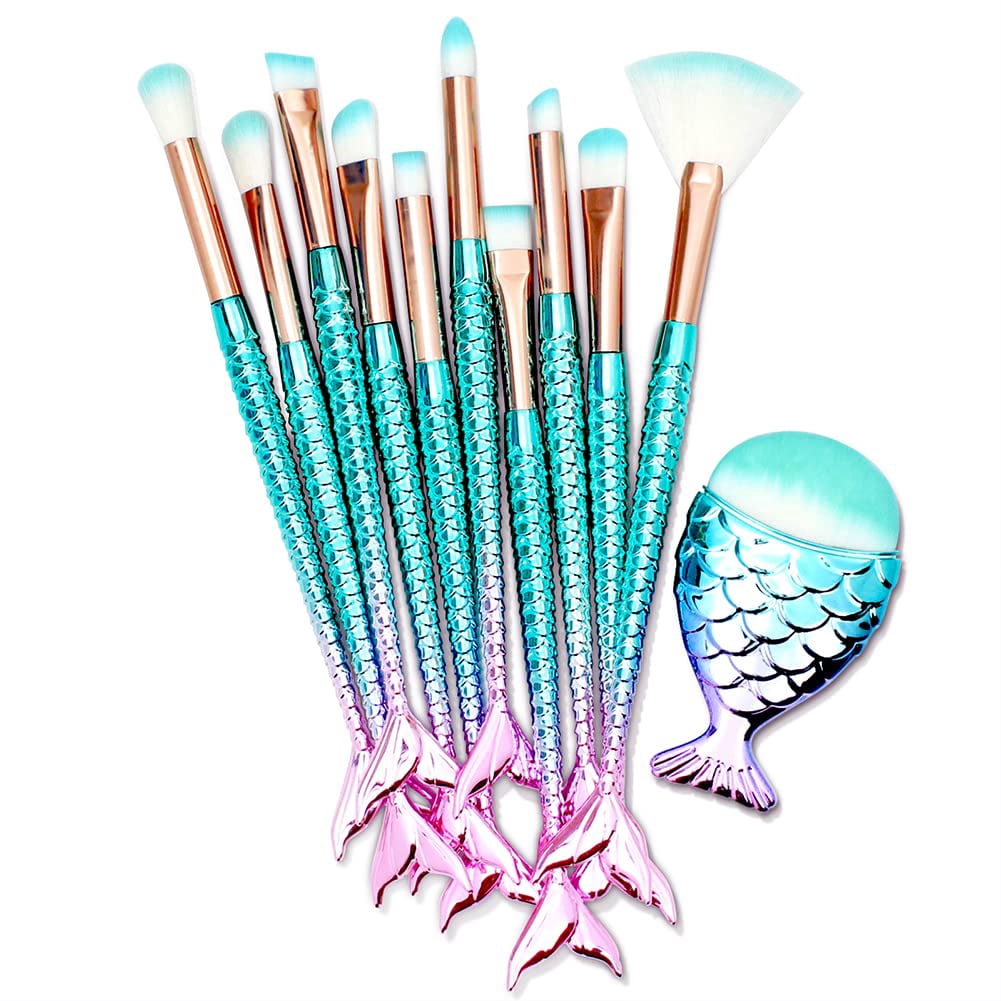 11 Pack Makeup Brushes Set With Colorful Fish Tail Handle, Foundation Eyebrow Eyeliner Blush Cosmetic Concealer Brushes Girl Cute Make Up Tool Set
