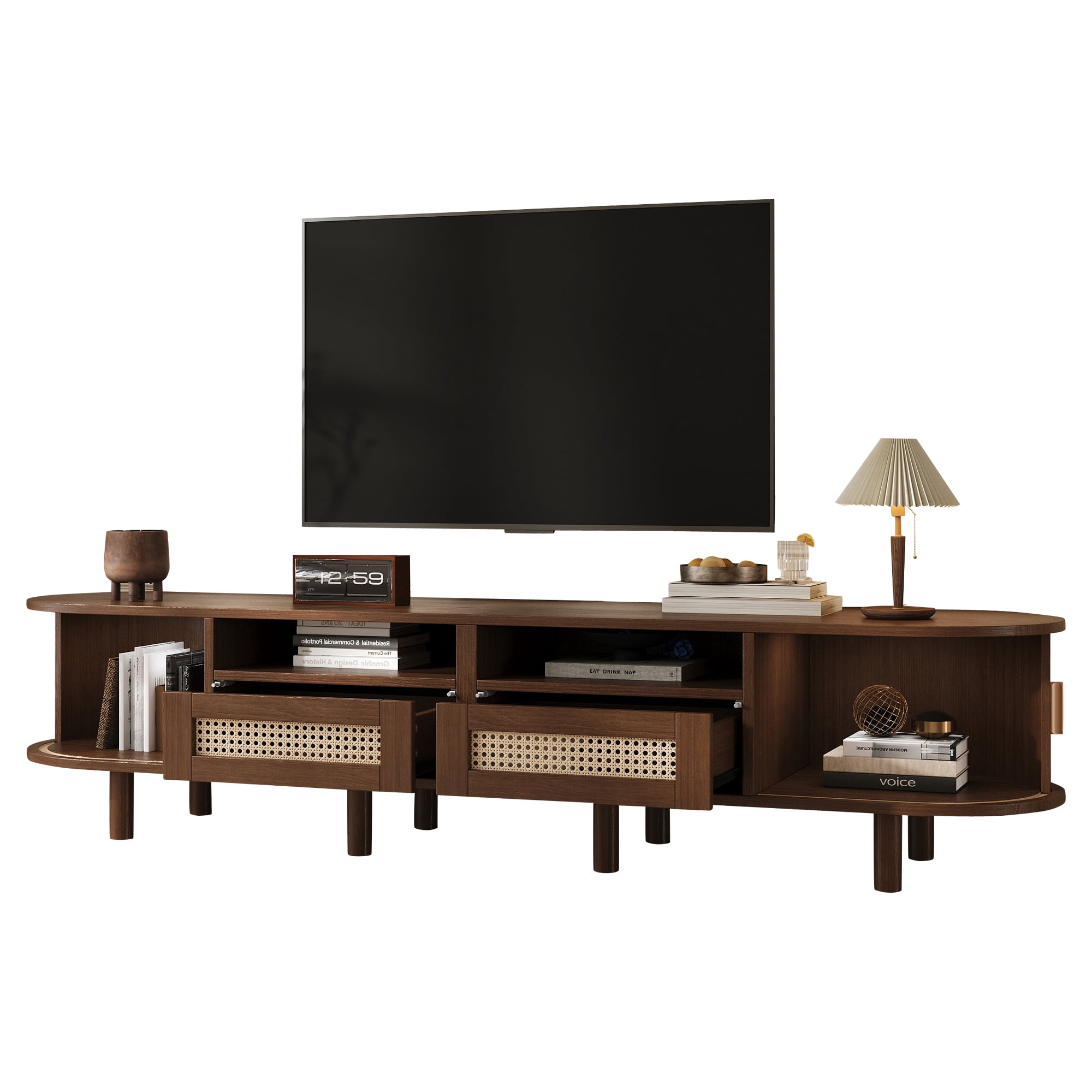 Meuble TV maison Noble 64.9" avec 2 tiroirs en rotin et 2 portes coulissantes, buffet ovale arrondi pour TV 65", noyer