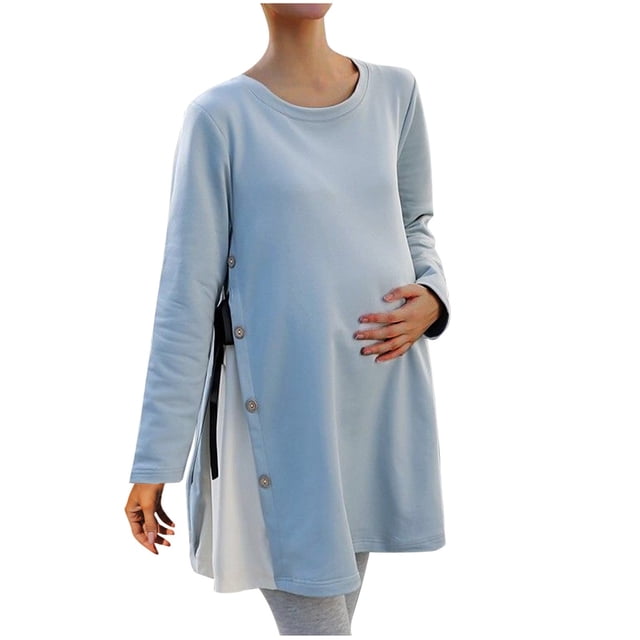 Drppepioner Haut de Maternité Uni pour Femme Grande Taille en Bleu, avec Manches Longues et Détail de Bouton Latéral. Conçu pour le Confort et le style pendant la Grossesse, Ce Haut de Maternité Convient aux occasions Décontractées et Formelles. le Tissu Doux Assure la Respirabilité et la Facilité à Porter.
