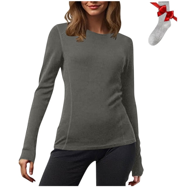 Yuyuzo Chandails à Manches Longues pour Femmes, Couche de Base Thermique Légère, T-Shirts à Col Rond, Hauts Chauds et Confortables avec Chaussettes