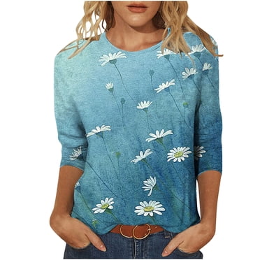 KIHOUT Womens Spring Shirts Ladies Fashion Printed Loose T-shirt 3/4 Sleeves Blouse Round Neck Casual Tops