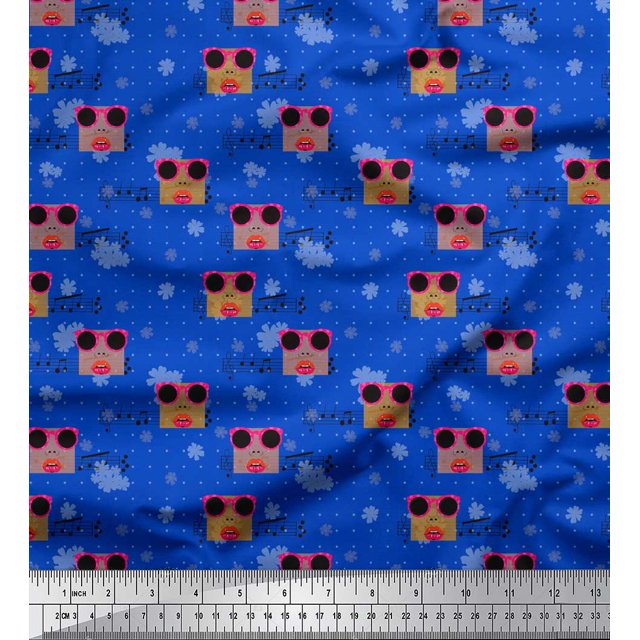 Soimoi Blue Poly Georgette Fabric Musical Notes,Dot & Goggles Fashion Print Fabric by the Yard 42 Inch Wide
