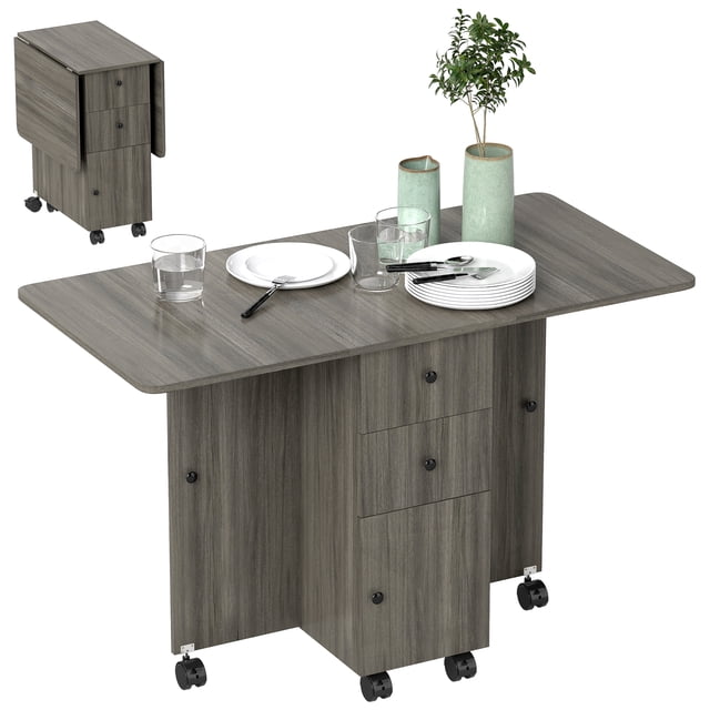 HOMCOM Table à Manger Pliable, Table de Cuisine Roulante avec Tiroirs, Armoire