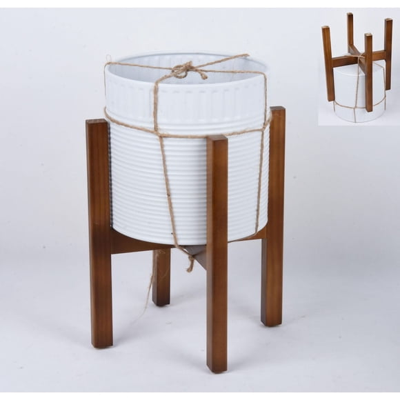 Mainstays Metal White Round Planters with Wood Stand 17.3"H