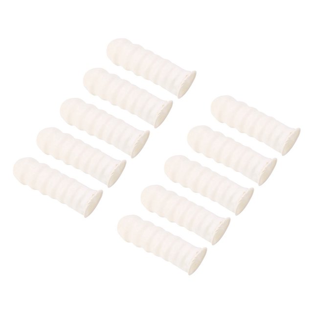 Loewten Latex Finger Cots, 300PCS, designed for manicure and professional use. Made from 100% natural concentrated latex, these ultra-thin, elastic, and flexible finger cots are free size to fit most fingers. The inner frapping design reduces finger fatigue, ensuring comfort during use. The image shows multiple white latex finger cots with a ribbed texture, arranged in a neat layout.
