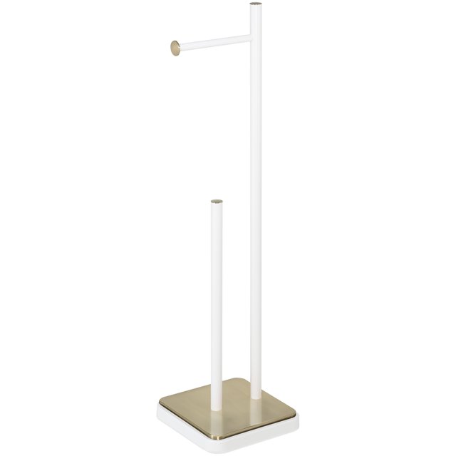 Acento Porte-Papier Hygiénique pour le Bout des Doigts à 3 Rouleaux avec Conception Autoportante, Doté d'Une Finition Blanc Mat et d'Une base accent en Bambou Doré. Peut Contenir jusqu'à Trois Rouleaux jumbo et Comprend un Distributeur Simple pour Rouleau. Compact et Peu Encombrant, Mesure 18 x 18 x 69 cm, Fabriqué à Partir de Matériaux Résistants à la Rouille pour la Durabilité. Son placement Flexible le Rend Adapté aux Salles de Bain de Toute Taille.
