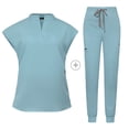 thumbnail image 4 of Ensemble de Sarraus pour Femmes, Haut de Sarrau Extensible à Col Montant et Pantalon Jogger à Cordon avec Multiples Poches, Anti-Froissement, Uniforme de Travail Infirmier, Col Montant, Uniforme Confortable, Bleu Pâle, 4 of 5