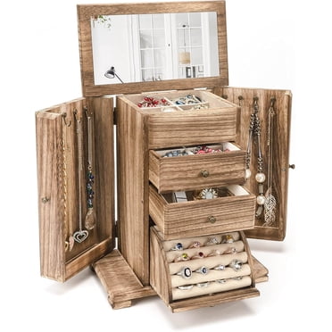 Jewelry Box, Wooden Jewelry Boxes for Women, Jewelry Organizer Box Display for Rings Earrings Necklaces Bracelets,Carbonized Black